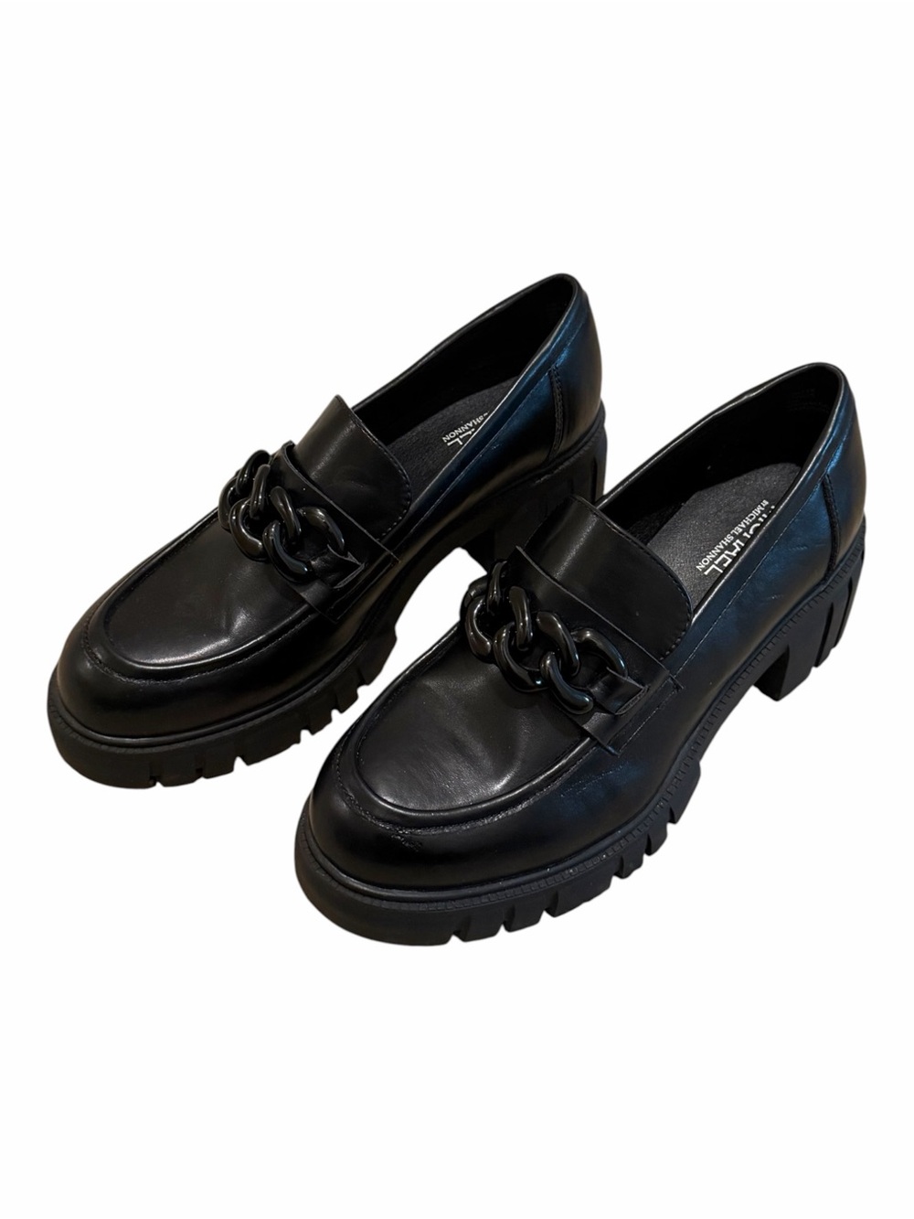 Michael Shannon Black Chunky Emilia Platform Loafers with Chain Detail Size 9